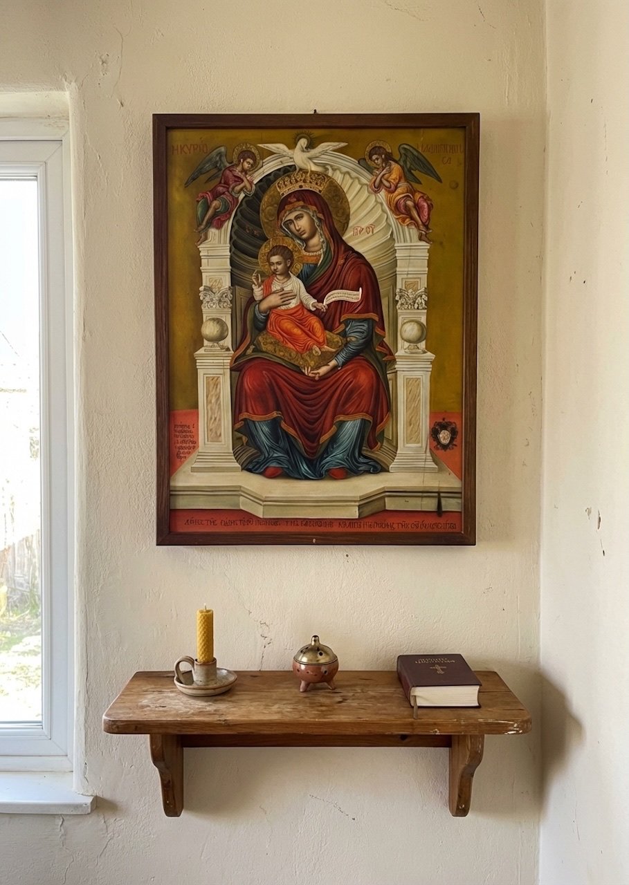 Theotokos Enthroned in home prayer corner